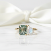Sailor's Promise- Emerald Cut Moss Agate with Pear Cut Moonstone Engagement Ring