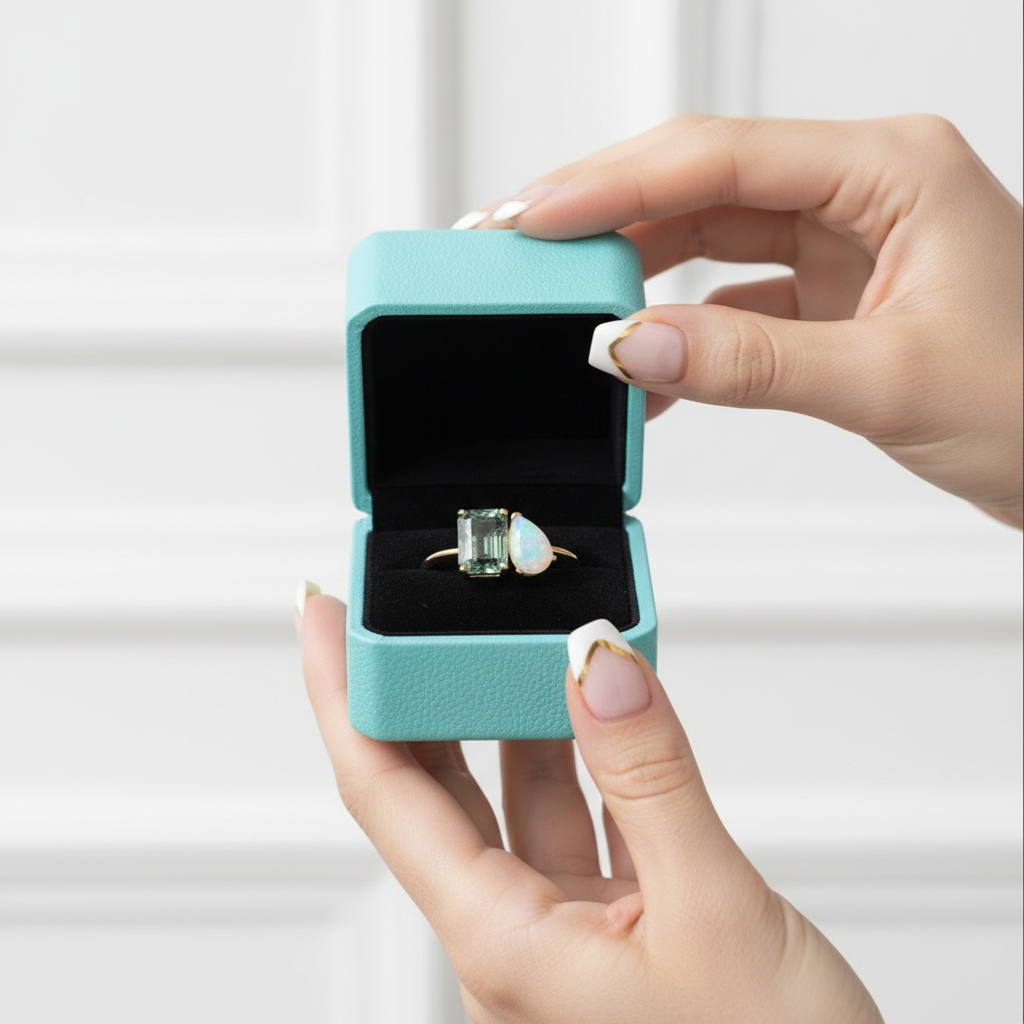 Emerald Cut Moss Agate with Pear Cut Moonstone Engagement Ring-Evani Jewelry