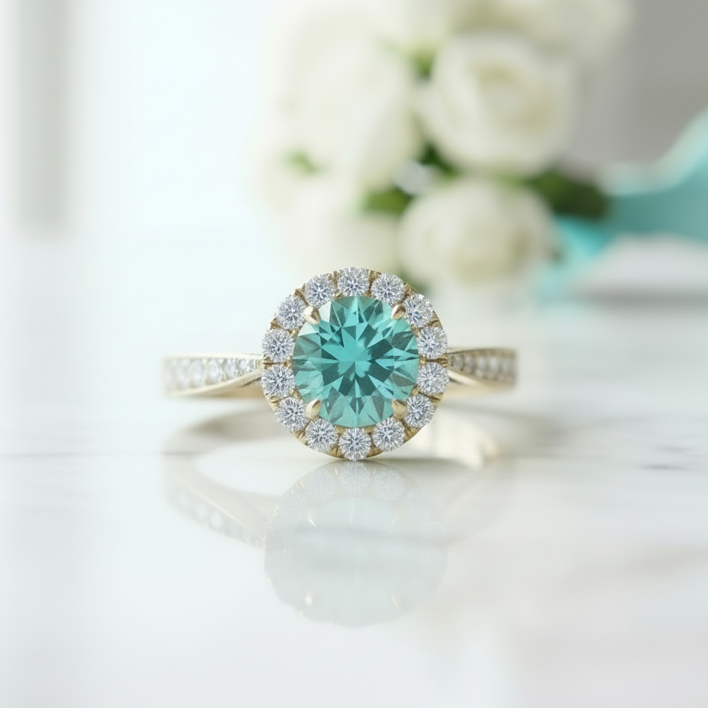1.0 Ct Round Cut Turquoise Diamond Engagement Ring-Evani Jewelry