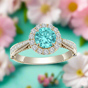 Gold ring with a turquoise gemstone and diamond accents on a floral background