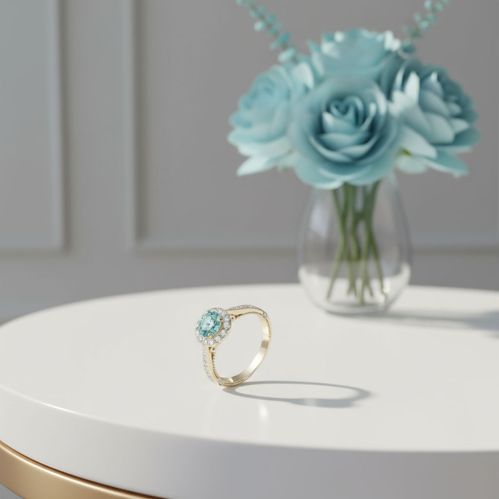 Gold ring with a turquoise gemstone and diamond accents on a white background