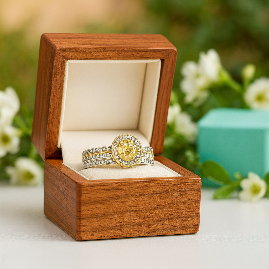 Gold ring with a yellow gemstone in a wooden box with a floral background