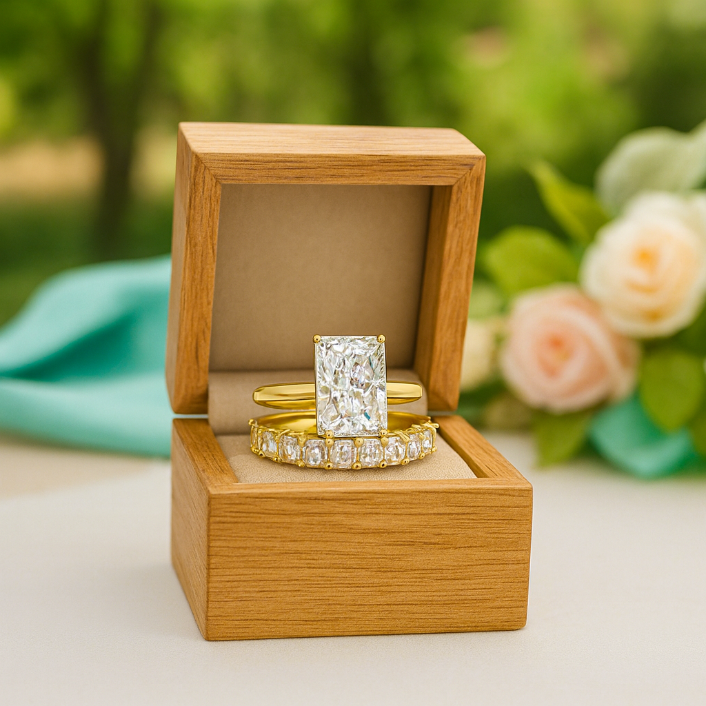 Gold ring with diamond in a wooden box against a blurred natural background