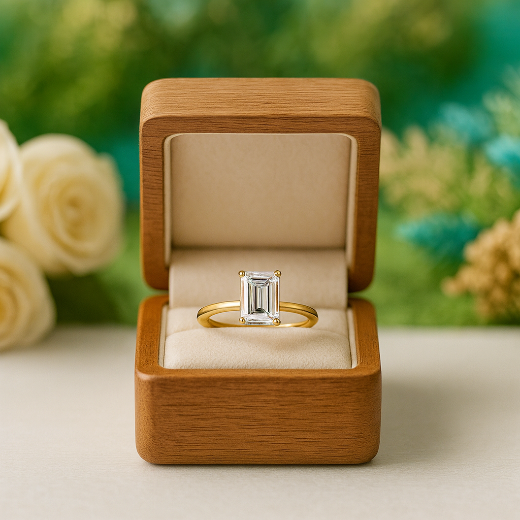 Gold ring with emerald-cut diamond in a wooden box against a blurred floral background