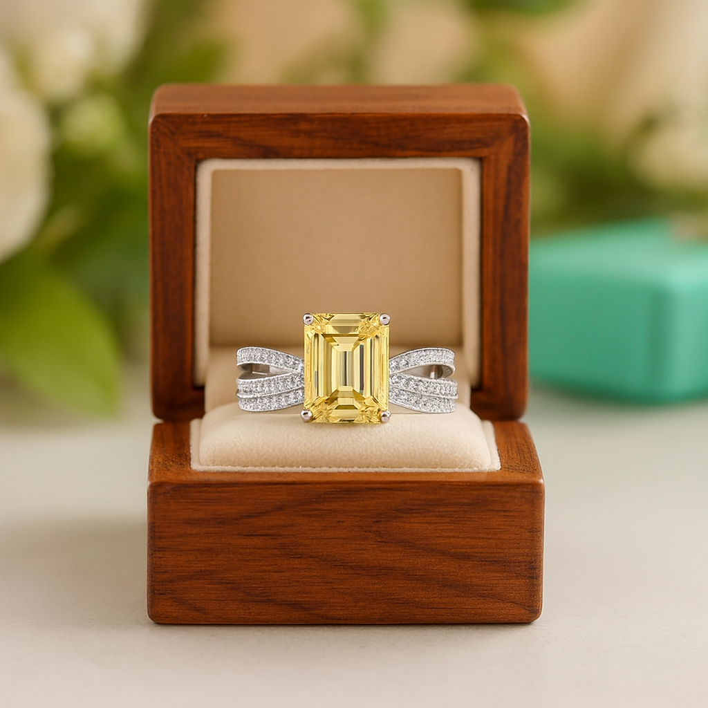 Gold ring with emerald-cut gemstone and silver band in a wooden box.