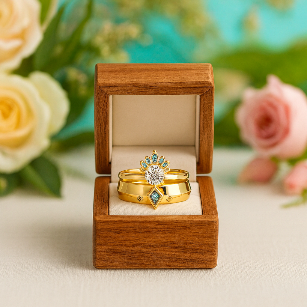 Gold ring with gemstones in a wooden box against a floral background