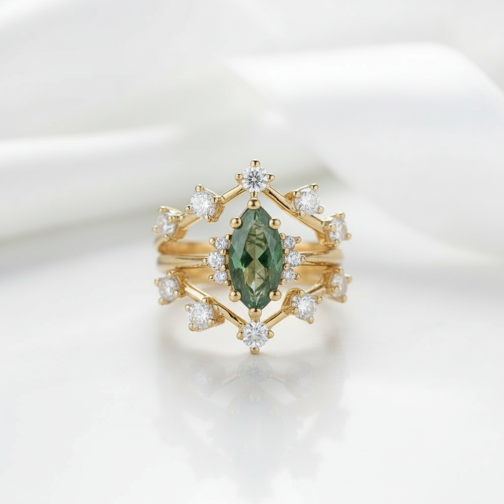 Testament to Love- Marquise Natural Moss Agate Engagement Ring