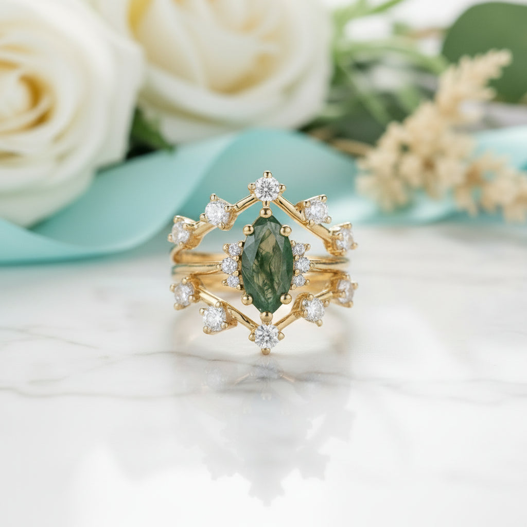 Testament to Love- Marquise Natural Moss Agate Engagement Ring-Evani Jewelry