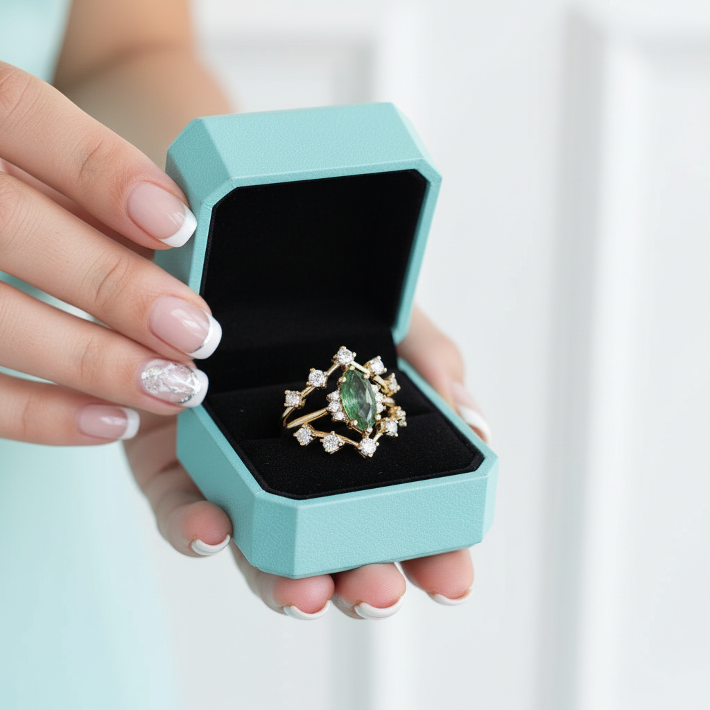 Testament to Love- Marquise Natural Moss Agate Engagement Ring