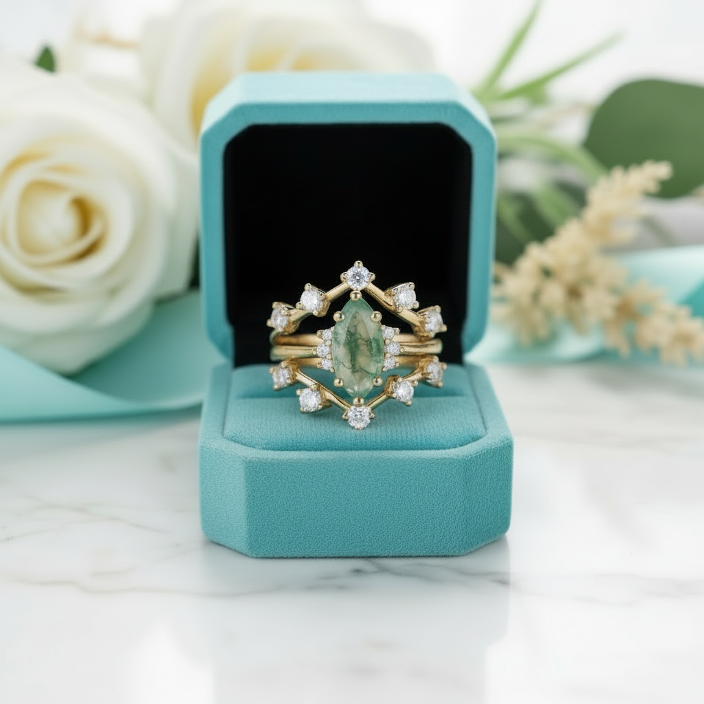 Testament to Love- Marquise Natural Moss Agate Engagement Ring - Evani Naomi Jewelry
