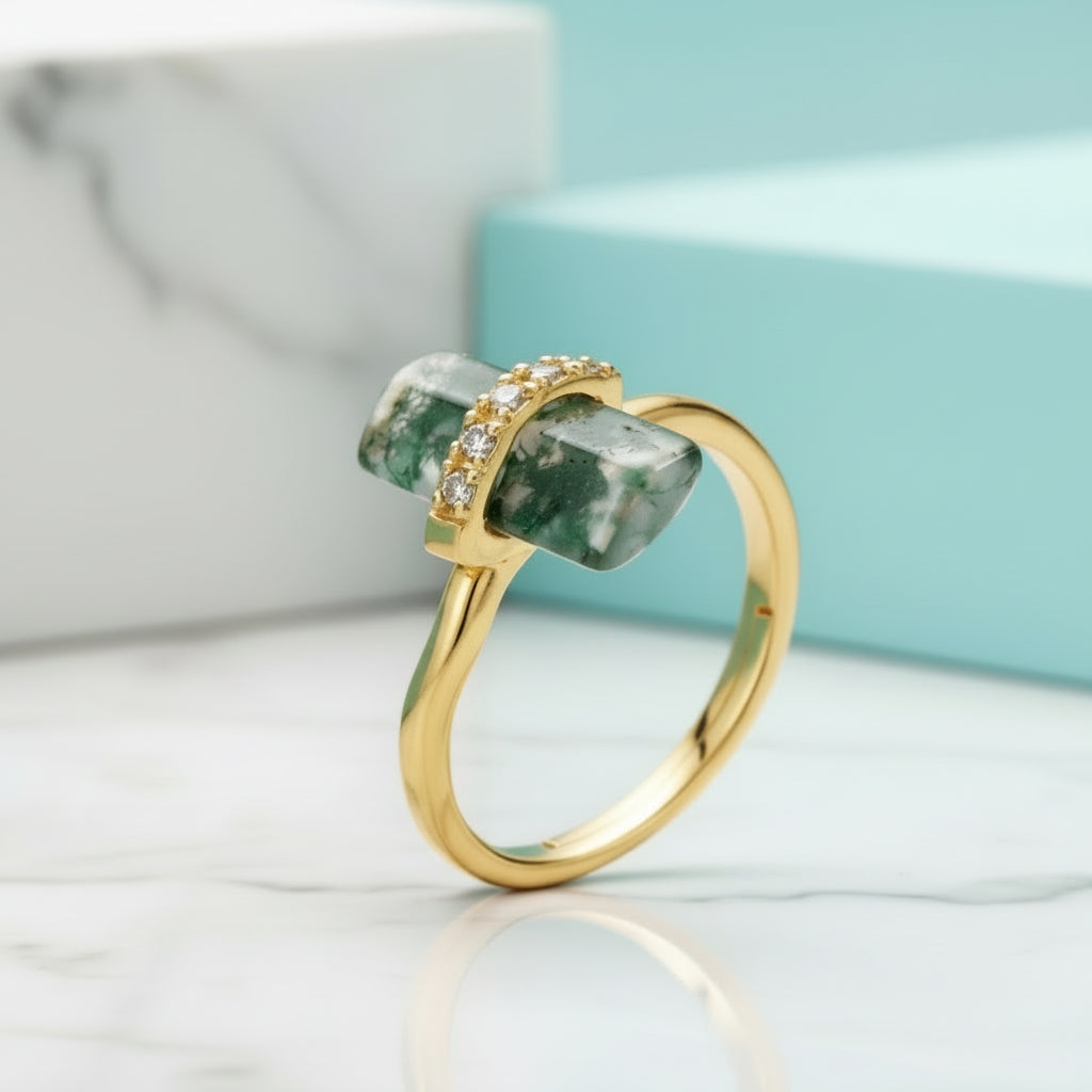 Tale of Love- Natural Moss Agate Open Ring-Evani Jewelry