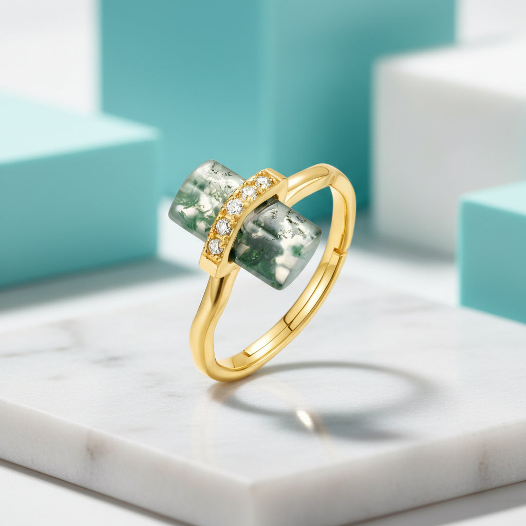 Tale of Love- Natural Moss Agate Open Ring-Evani Jewelry
