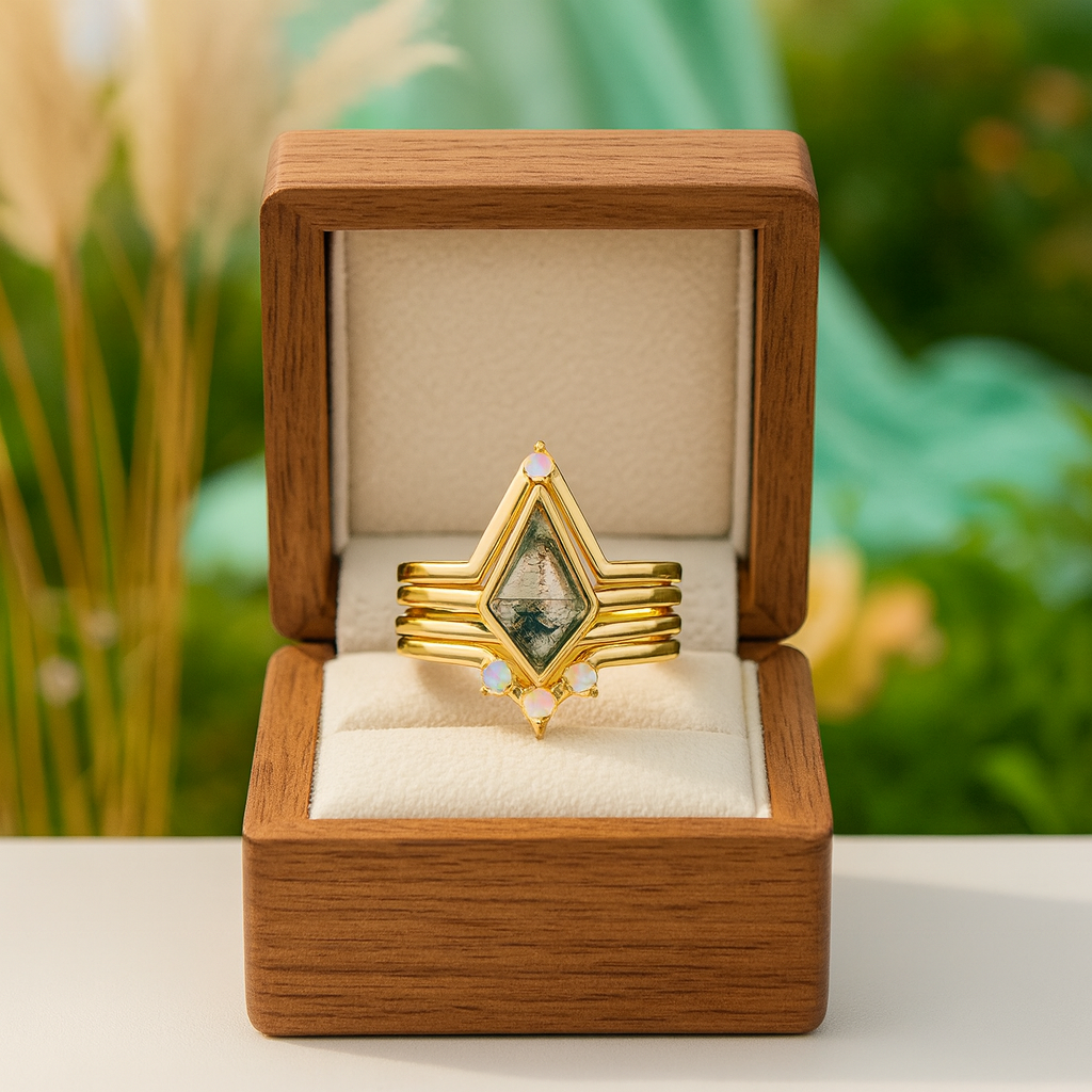 Gold ring with green gemstone in a wooden box against a blurred natural background