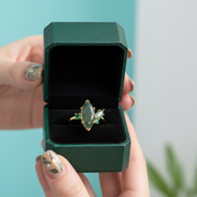 Promise Beneath the Trees- Marquise Cut Natural Moss Agate & White Moissanite Engagement Ring