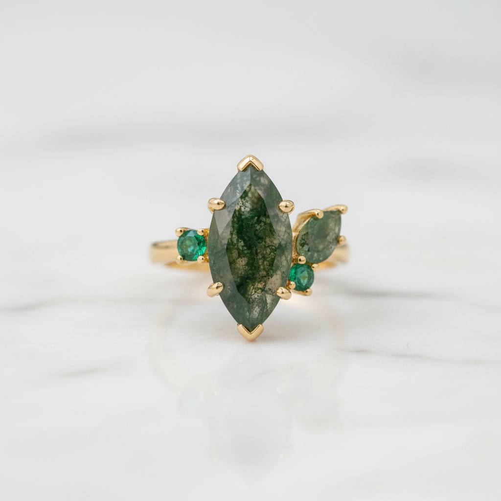 Promise Beneath the Trees- Marquise Cut Natural Moss Agate & White Moissanite Engagement Ring