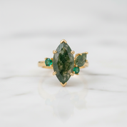 Promise Beneath the Trees- Marquise Cut Natural Moss Agate & White Moissanite Engagement Ring