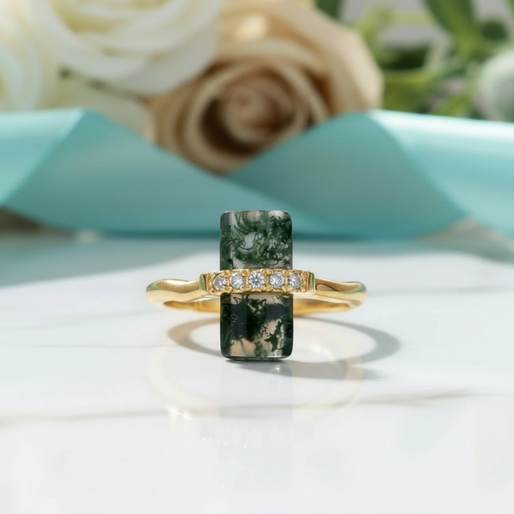 Tale of Love- Natural Moss Agate Open Ring-Evani Jewelry