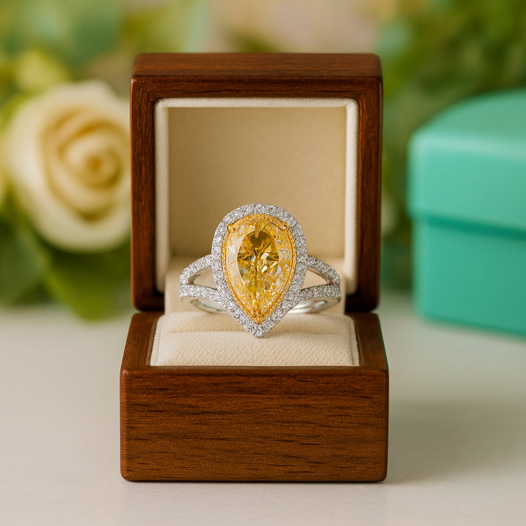 Gold ring with pear-shaped gemstone in a wooden box, floral background