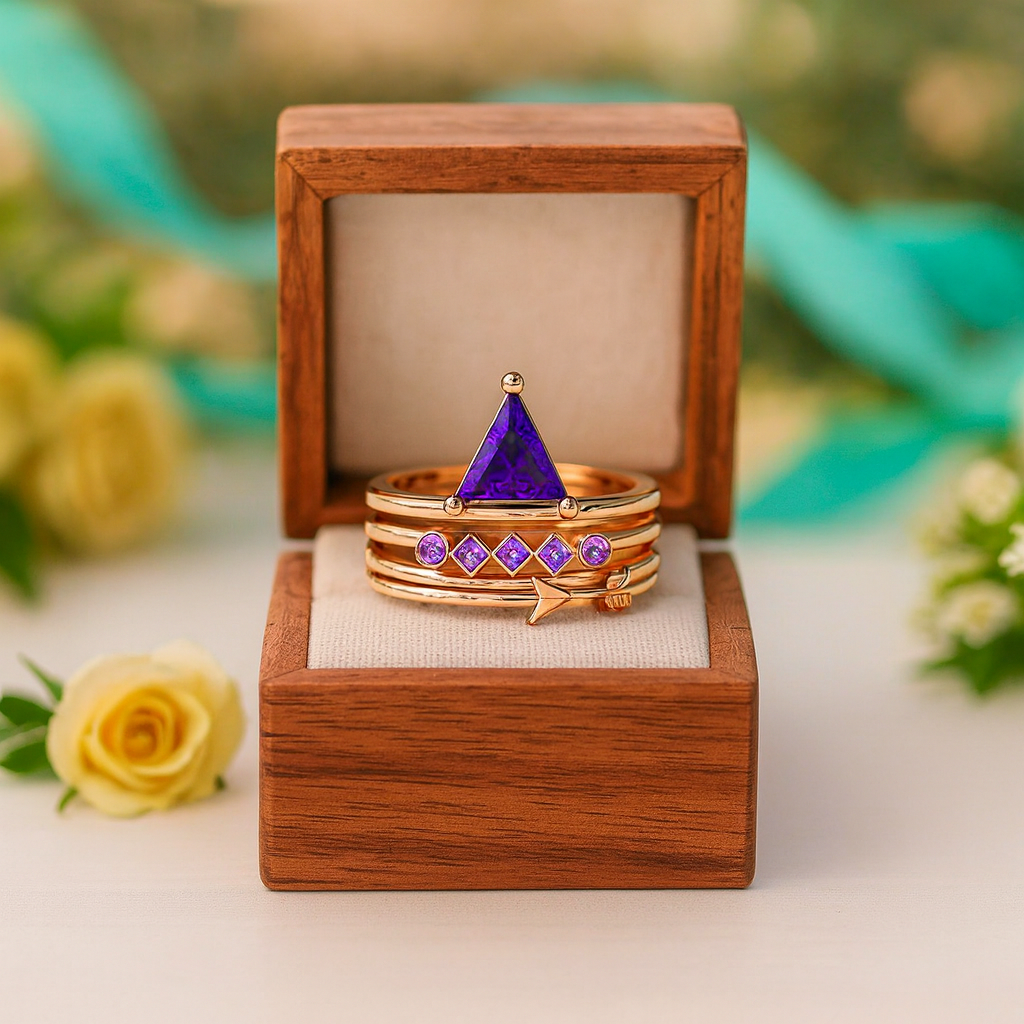 Gold ring with purple gemstone in a wooden box with flowers in the background
