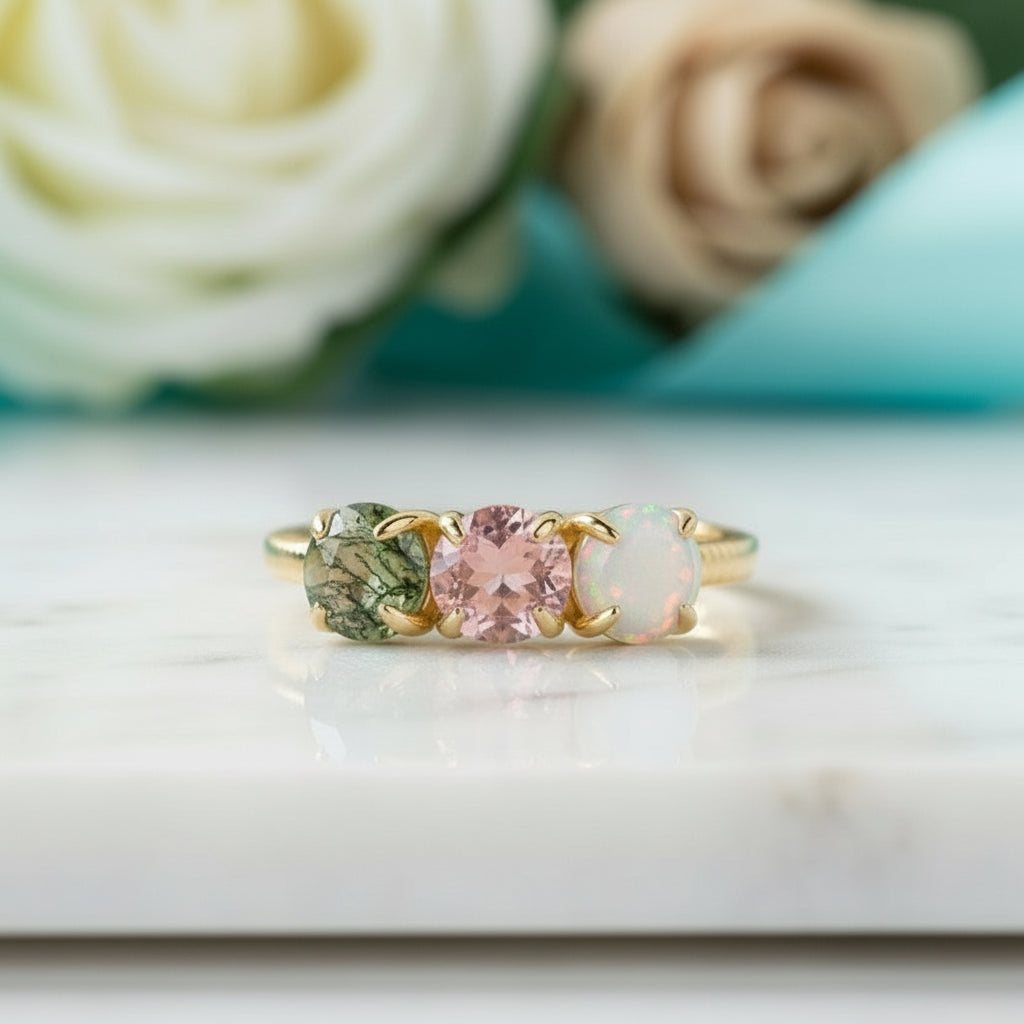 Love's Gentle Bloom- Natural Moss Agate Ring Rose Quartz Moss Agate Labradorite-Evani Jewelry