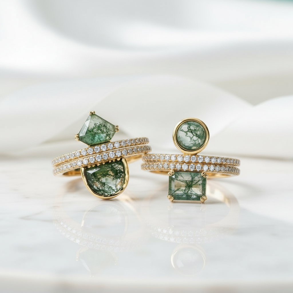 Geometric Embrace- Natural Moss Agate Ring