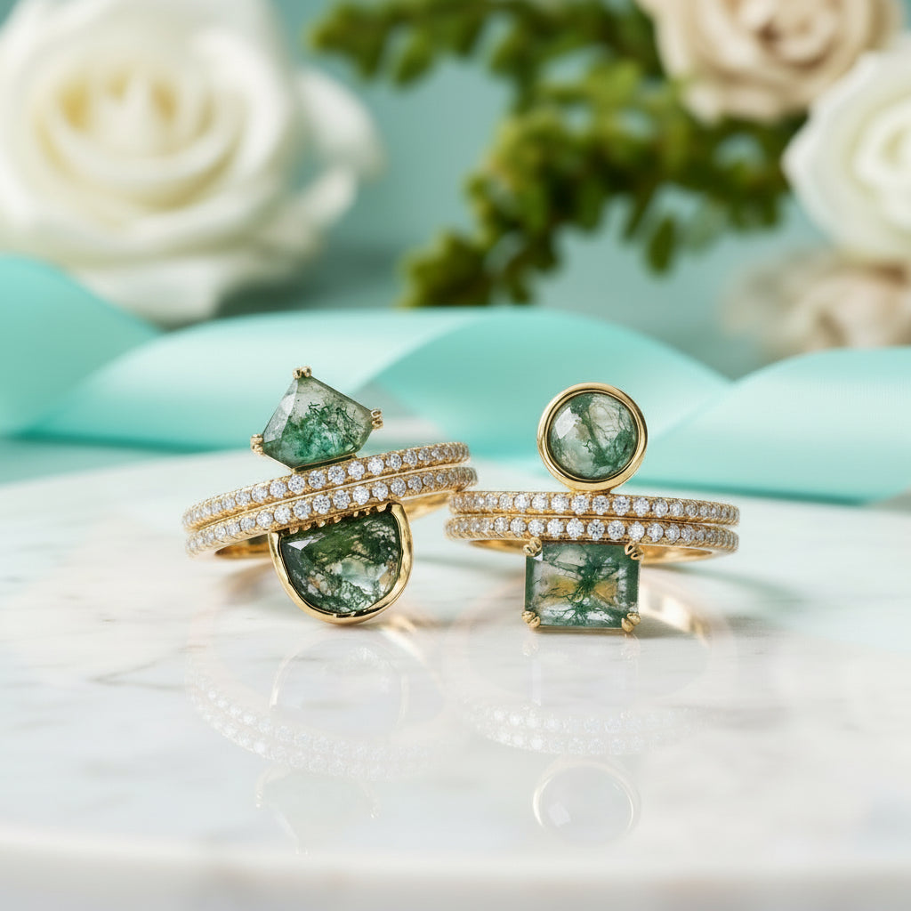 Geometric Embrace- Natural Moss Agate Ring-Evani Jewelry