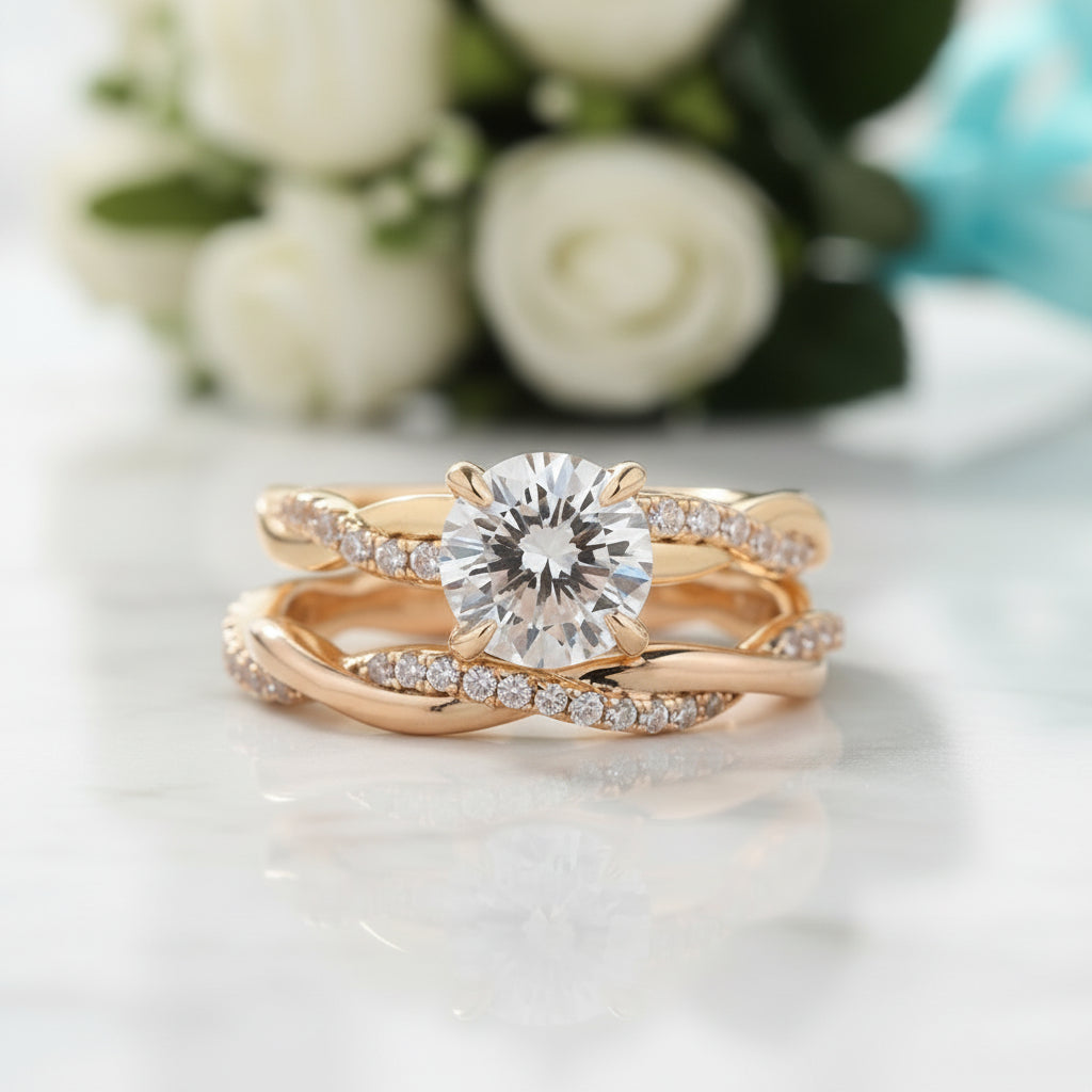 Gorgeous 1.2ct Round Cut Twist Engagement Ring Set-Evani Jewelry