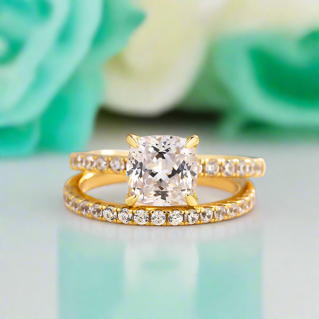 Gorgeous 1.5 ct Cushion Cut Yellow Gold Bridal Set-Evani Jewelry