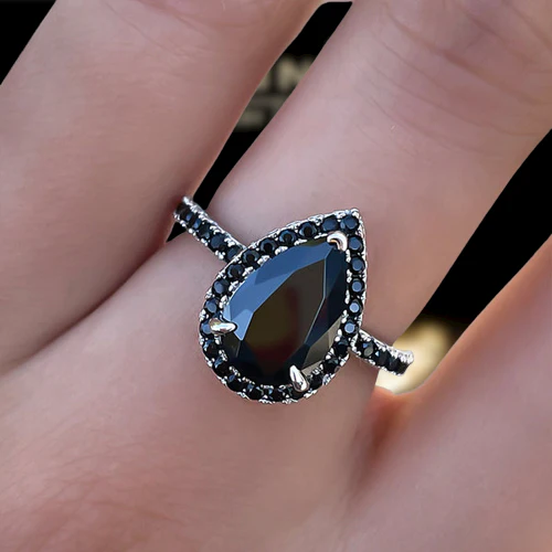Gorgeous Pear Cut Black Diamond with Halo Engagement Ring-Evani Naomi Jewelry