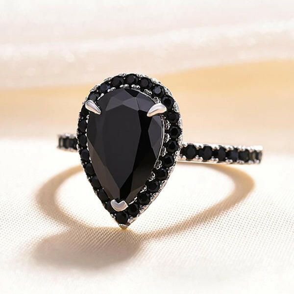 Gorgeous Pear Cut Black Diamond with Halo Engagement Ring-Evani Naomi Jewelry