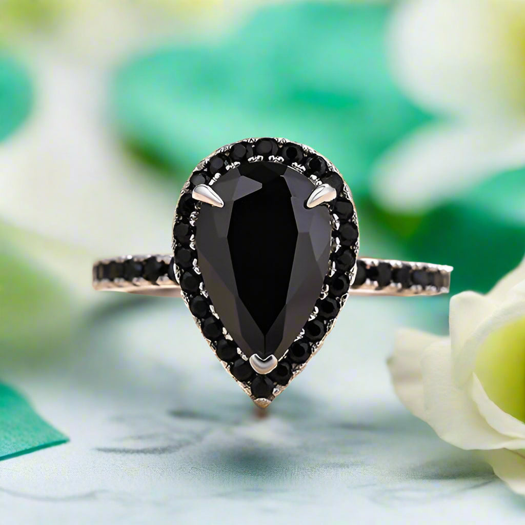 Gorgeous Pear Cut Black Diamond with Halo Engagement Ring-Evani Naomi Jewelry