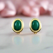 Green Oval Stone Golden Stud Earrings-Evani Naomi Jewelry