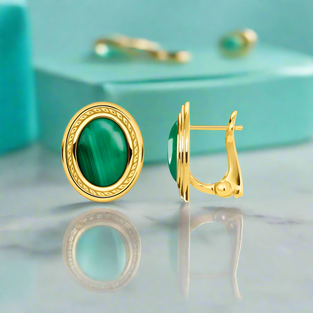 Green Oval Stone Golden Stud Earrings-Evani Naomi Jewelry