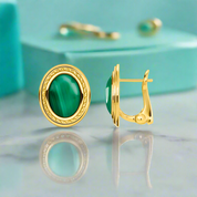 Green Oval Stone Golden Stud Earrings-Evani Naomi Jewelry