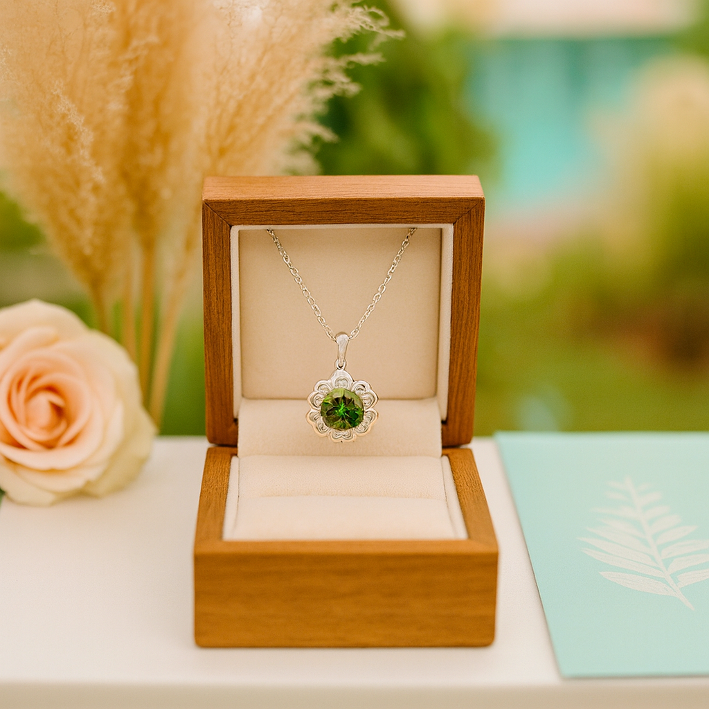 Green gemstone necklace in a wooden box with a blurred floral background