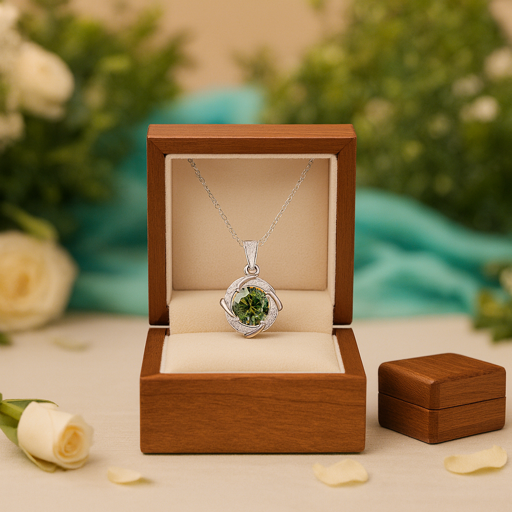 Green gemstone necklace in a wooden box with flowers in the background