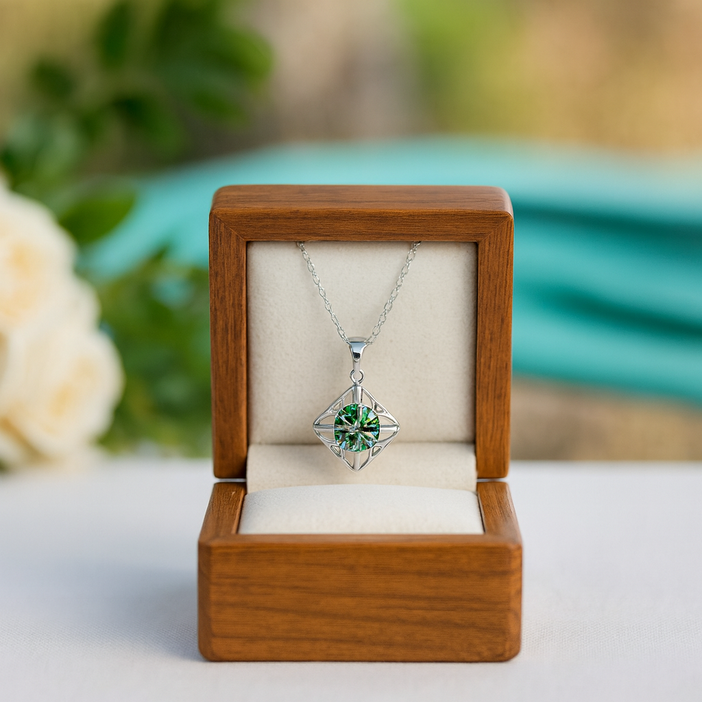 Green gemstone pendant necklace in a wooden box with a blurred natural background