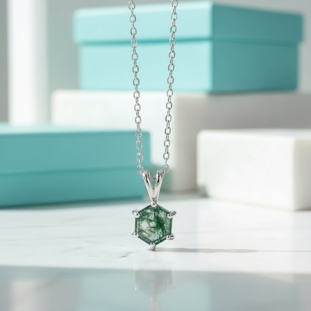 Pure Love- Brilliant Hexagon Cut Natural Moss Agate Pendant Necklace-Evani Jewelry