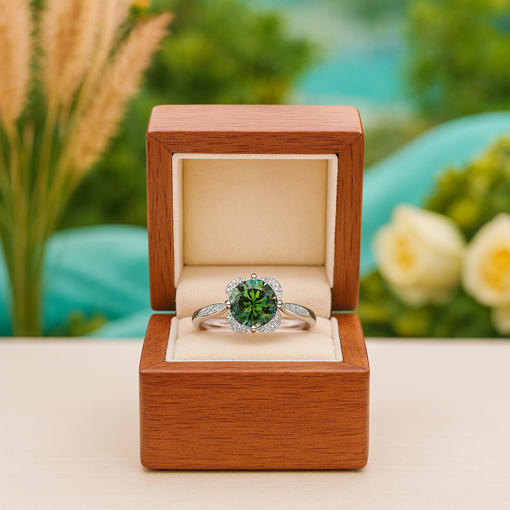 Green gemstone ring in a wooden box with a blurred natural background