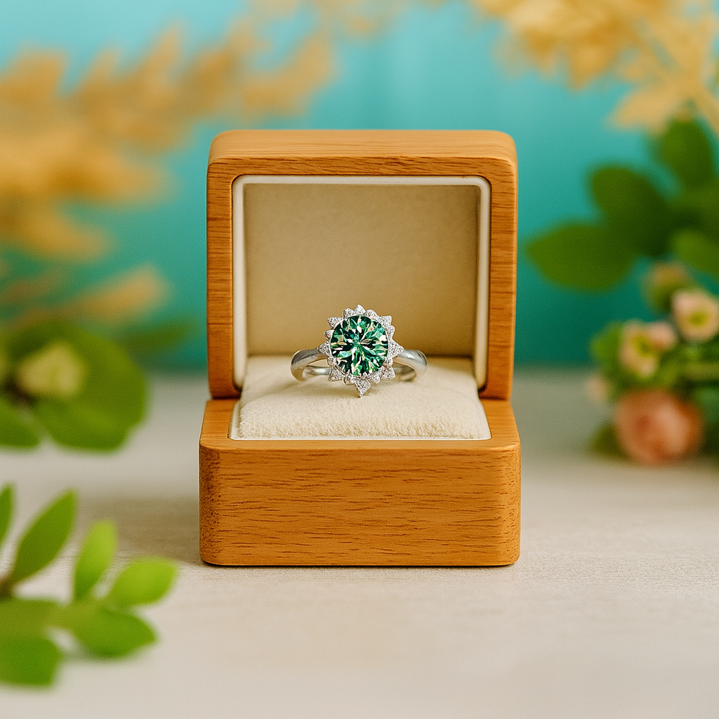 Green gemstone ring in a wooden box with a natural background