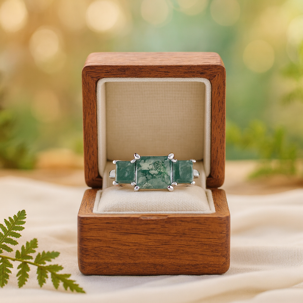 Green gemstone ring in a wooden box with a natural background