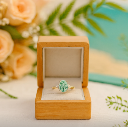 Green gemstone ring in a wooden box with flowers in the background
