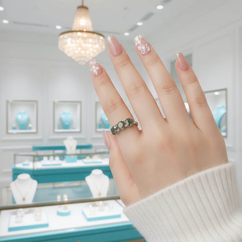 Undying Ever After- Three Stones Natural Moss Agate Ring-Evani Jewelry