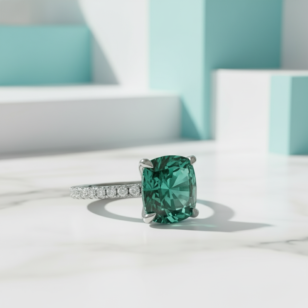 Cushion Cut 3.5 ct Paraiba Emerald Engagement Ring-Evani Jewelry
