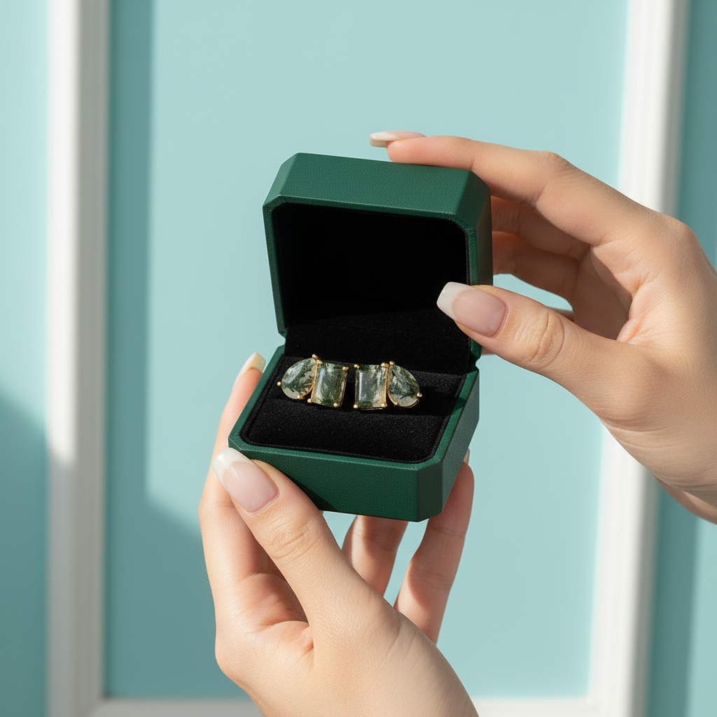 Devotion- Emerald & Pear Cut Natural Moss Agate & Moissanite Stud Earrings - Evani Naomi Jewelry