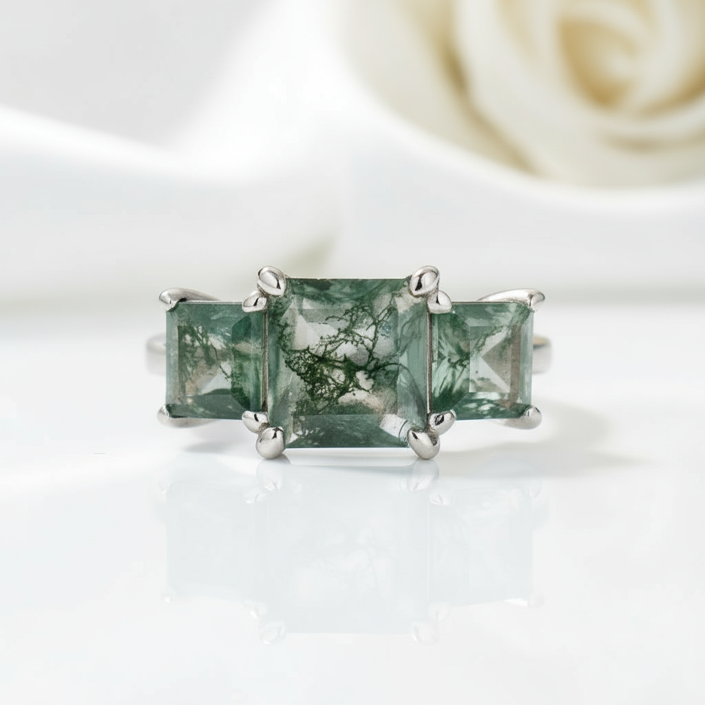 Love Etched in Stone- Three Stone Natural Moss Agate Open Ring - Evani Naomi Jewelry