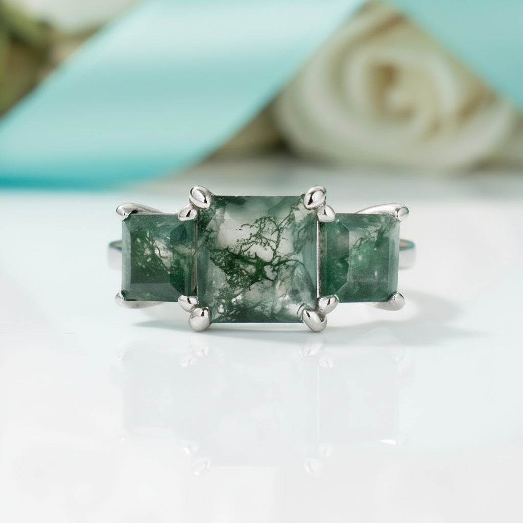 Love Etched in Stone- Three Stone Natural Moss Agate Open Ring