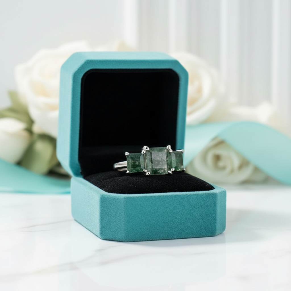 Love Etched in Stone- Three Stone Natural Moss Agate Open Ring - Evani Naomi Jewelry