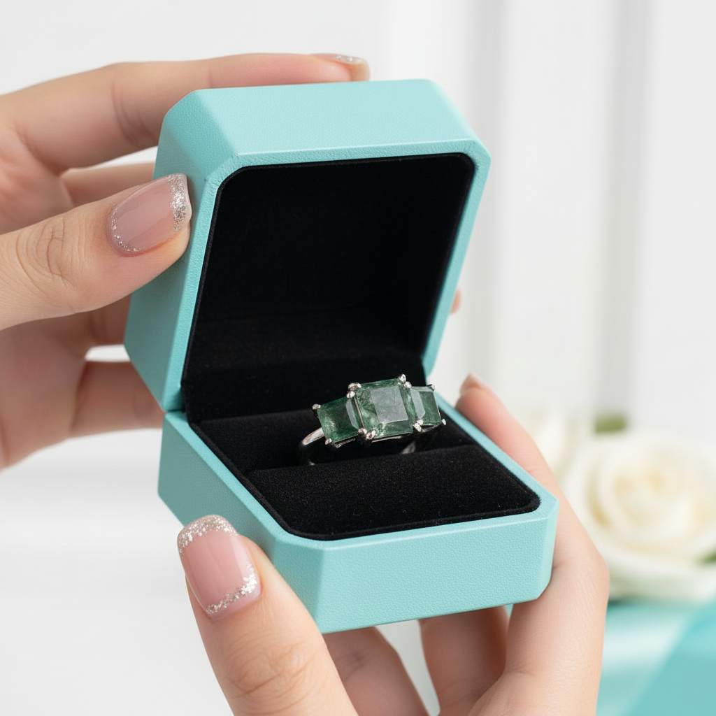 Love Etched in Stone- Three Stone Natural Moss Agate Open Ring