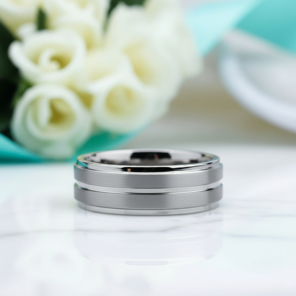 Grooved 8mm Tungsten Men's Wedding Band-Evani Jewelry